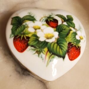 Vintage Bone China Heart Shaped Lidded Trinket Box Strawberry Fruit and Flowers